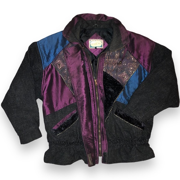 Vintage Jackets & Blazers - Vintage Karizma East Wool & Crushed Velvet Patchwork Insulated Bomber Coat